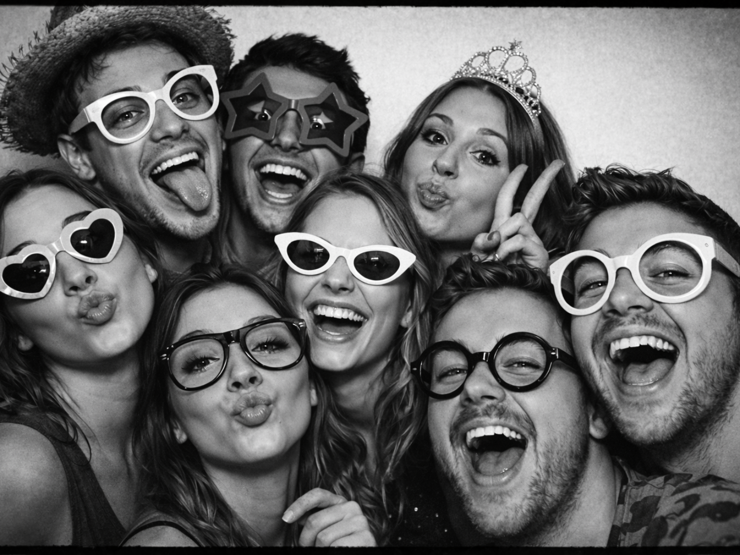 Group of friends laughing together at a Megastar photo booth party in Melbourne