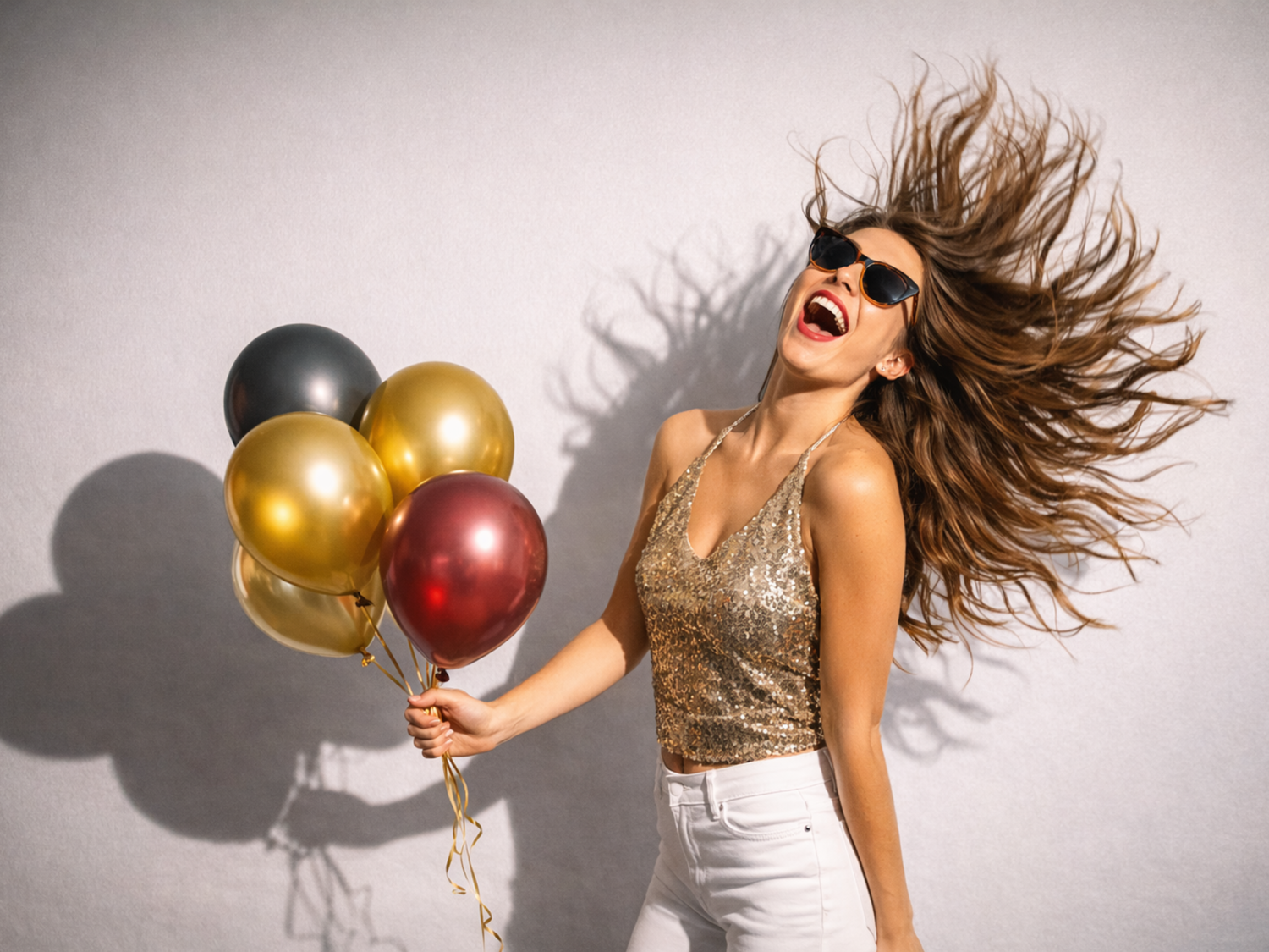 Woman celebrating with gold and silver balloons at a Megastar 360 photo booth event